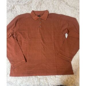 Men polo long sleeve Henley cinnamon pique woven tee t-shirt L